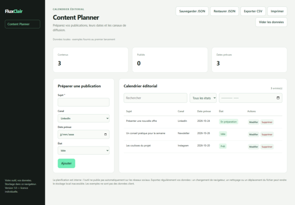 FluxClair — content planner