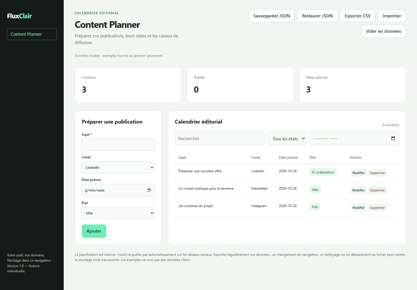FluxClair — content planner