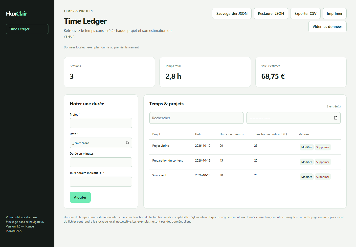 FluxClair — time ledger